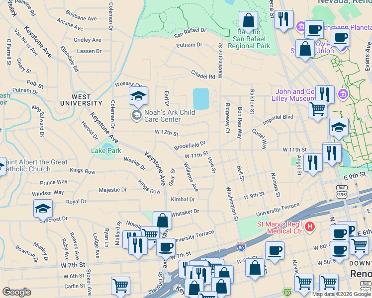 map of restaurants, bars, coffee shops, grocery stores, and more near 825 Brookfield Drive in Reno
