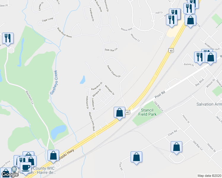 map of restaurants, bars, coffee shops, grocery stores, and more near 130 Mohegan Drive in Havre de Grace