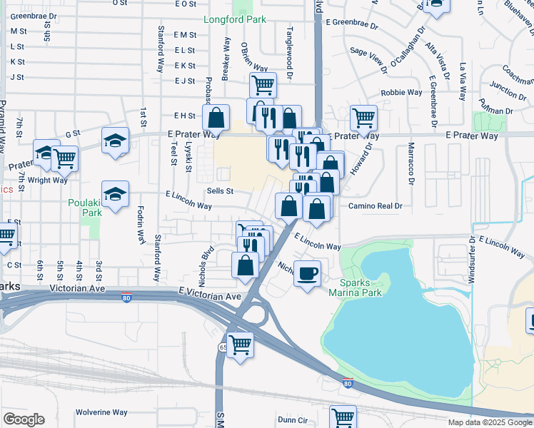 map of restaurants, bars, coffee shops, grocery stores, and more near 602 Pine Meadows Drive in Sparks