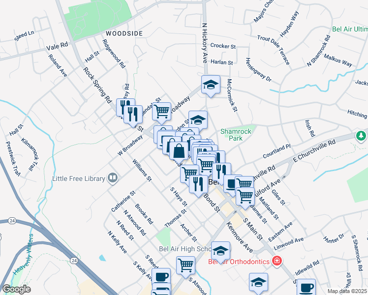 map of restaurants, bars, coffee shops, grocery stores, and more near 125 N Main St in Bel Air