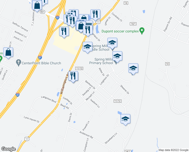 map of restaurants, bars, coffee shops, grocery stores, and more near 26 Effie Lane in Martinsburg