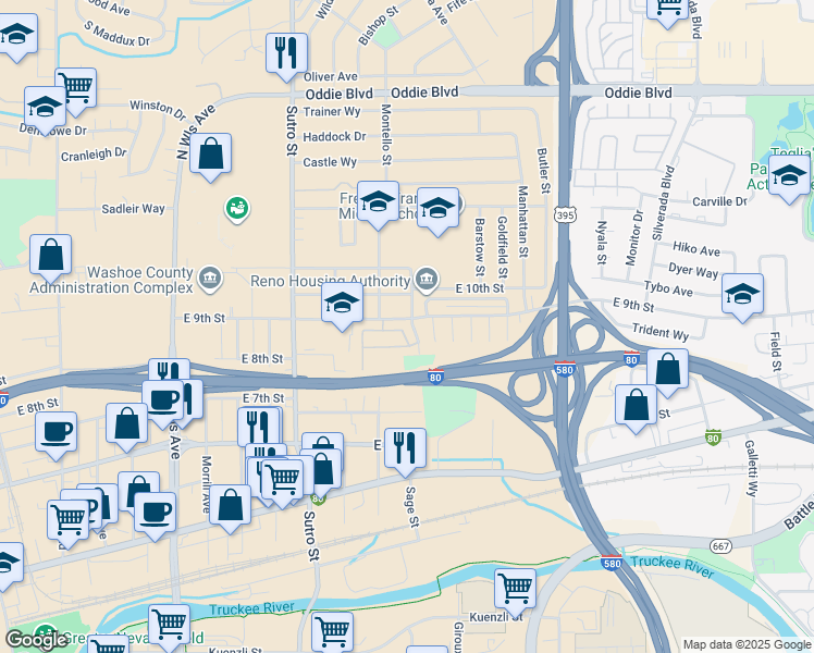 map of restaurants, bars, coffee shops, grocery stores, and more near 1451 East 9th Street in Reno