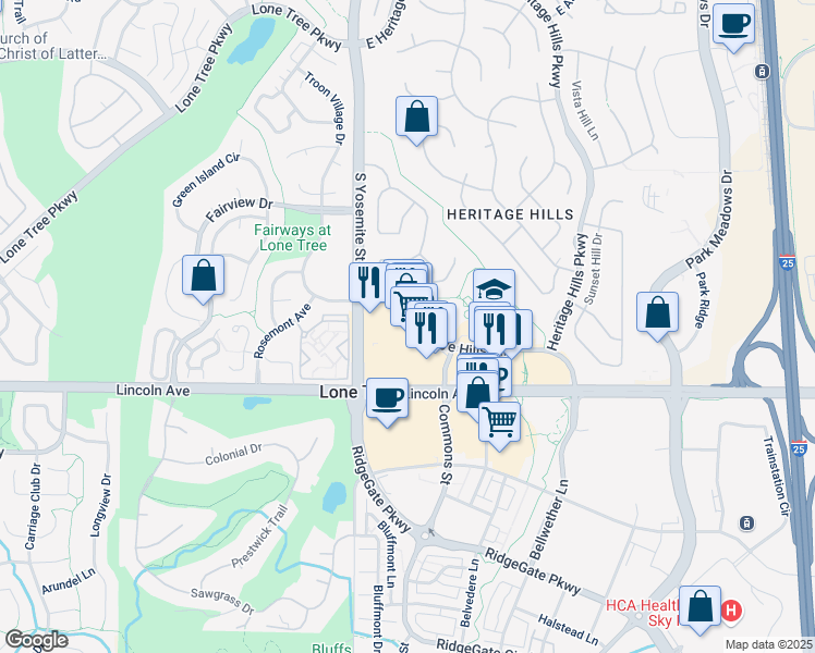map of restaurants, bars, coffee shops, grocery stores, and more near 9227 Lincoln Avenue in Lone Tree