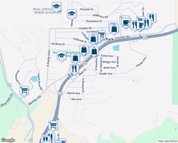 map of restaurants, bars, coffee shops, grocery stores, and more near 26096 Noah Avenue in Conifer