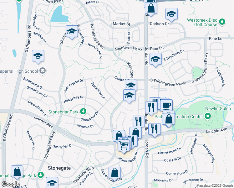map of restaurants, bars, coffee shops, grocery stores, and more near 16550 Stonebriar Drive in Parker
