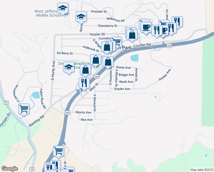 map of restaurants, bars, coffee shops, grocery stores, and more near 26096 Noah Avenue in Conifer