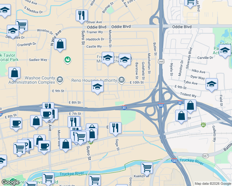 map of restaurants, bars, coffee shops, grocery stores, and more near in Reno