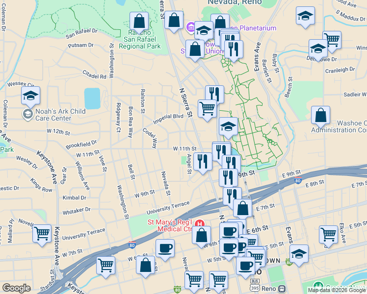 map of restaurants, bars, coffee shops, grocery stores, and more near 265 West 11th Street in Reno