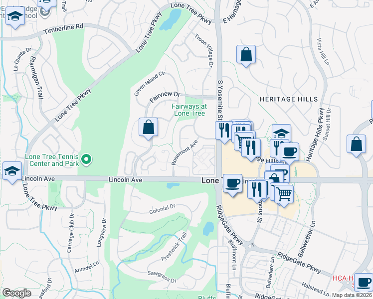 map of restaurants, bars, coffee shops, grocery stores, and more near Rosemont Avenue in Littleton