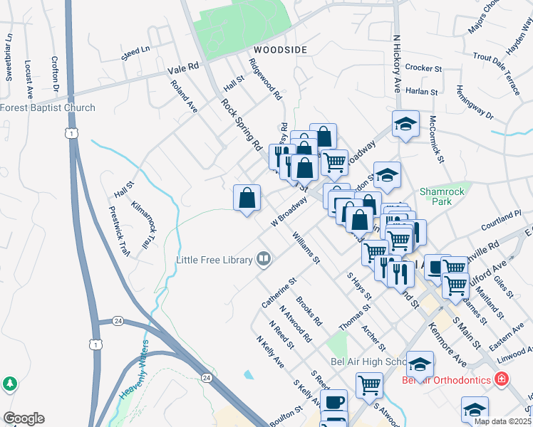 map of restaurants, bars, coffee shops, grocery stores, and more near 101H Nichols Street in Bel Air