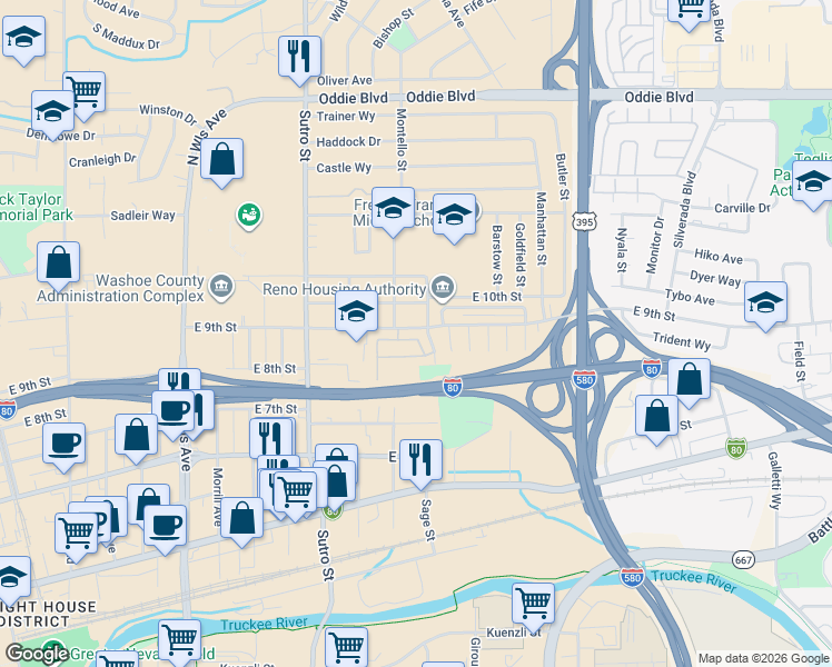 map of restaurants, bars, coffee shops, grocery stores, and more near 1402 East 9th Street in Reno
