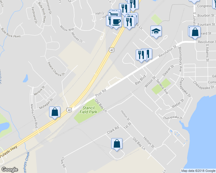 map of restaurants, bars, coffee shops, grocery stores, and more near 1329 Post Road in Havre de Grace