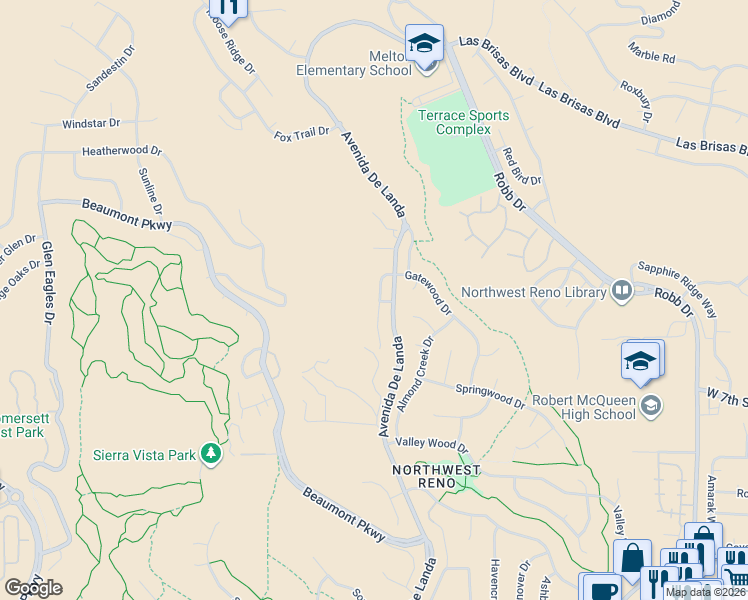 map of restaurants, bars, coffee shops, grocery stores, and more near 2371 Red Maple Court in Reno