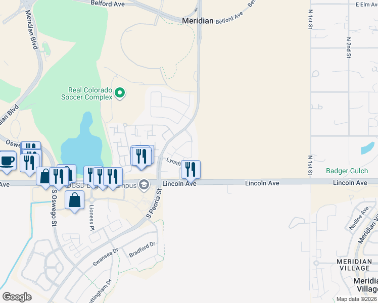 map of restaurants, bars, coffee shops, grocery stores, and more near 12834 Mayfair Way in Englewood