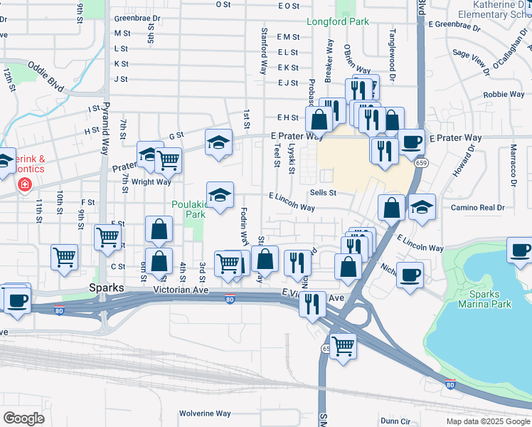 map of restaurants, bars, coffee shops, grocery stores, and more near 450 Stanford Way in Sparks