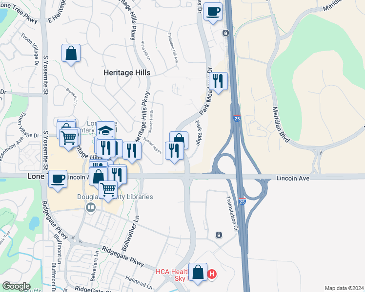map of restaurants, bars, coffee shops, grocery stores, and more near 10465 Park Meadows Drive in Lone Tree