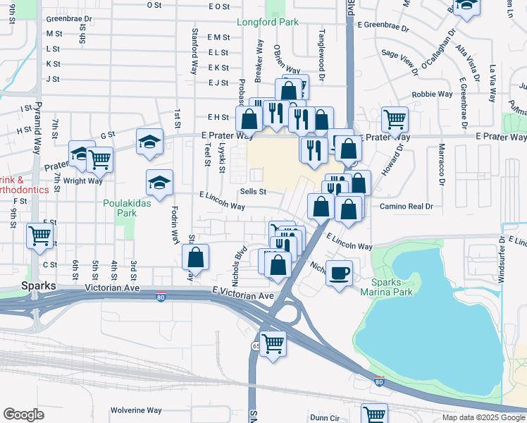map of restaurants, bars, coffee shops, grocery stores, and more near 305 East Lincoln Way in Sparks