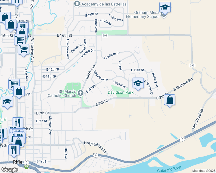 map of restaurants, bars, coffee shops, grocery stores, and more near 766 Elder Court in Rifle