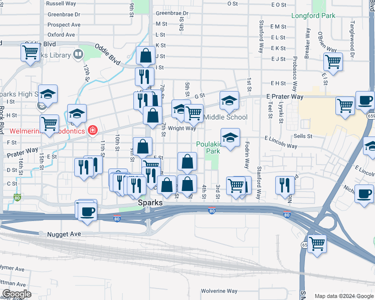 map of restaurants, bars, coffee shops, grocery stores, and more near 545 5th Street in Sparks