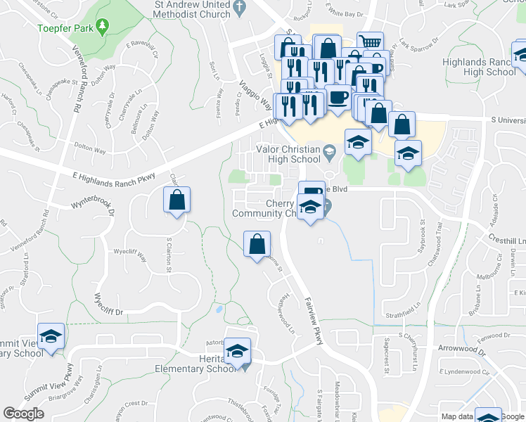 map of restaurants, bars, coffee shops, grocery stores, and more near 9680 Dunning Circle in Highlands Ranch