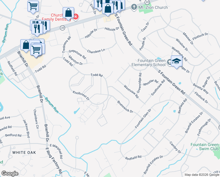 map of restaurants, bars, coffee shops, grocery stores, and more near 1438 Moonshadow Road in Bel Air