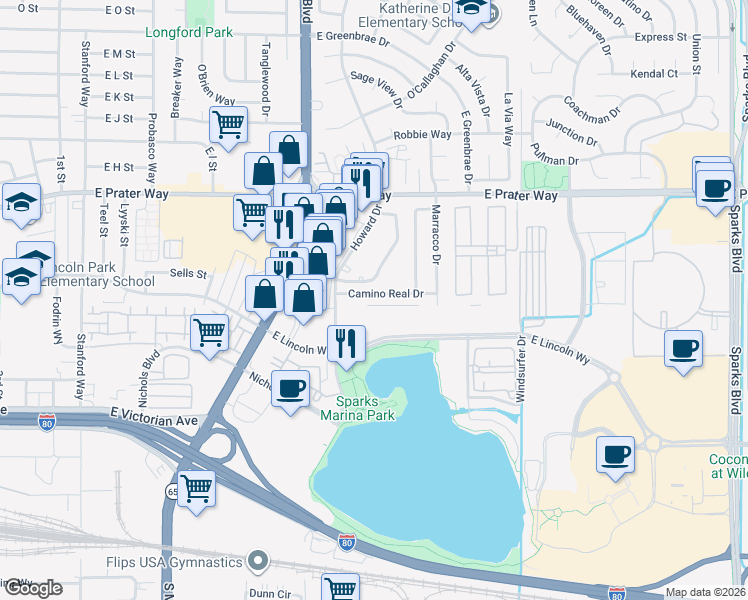 map of restaurants, bars, coffee shops, grocery stores, and more near 907 Camino Real Drive in Sparks