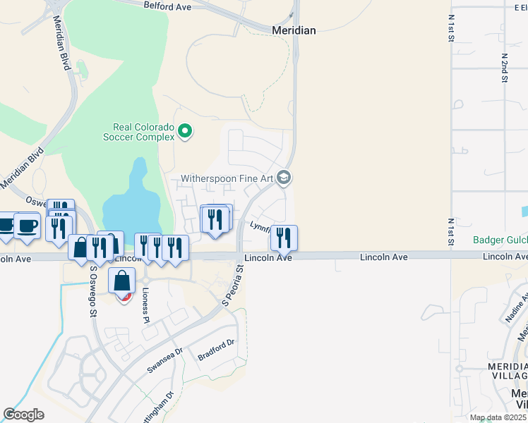 map of restaurants, bars, coffee shops, grocery stores, and more near 12834 Mayfair Way in Englewood