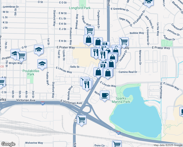 map of restaurants, bars, coffee shops, grocery stores, and more near 631 Alley No 2 in Sparks