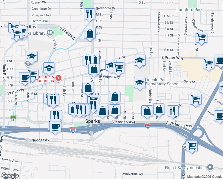 map of restaurants, bars, coffee shops, grocery stores, and more near 545 5th Street in Sparks