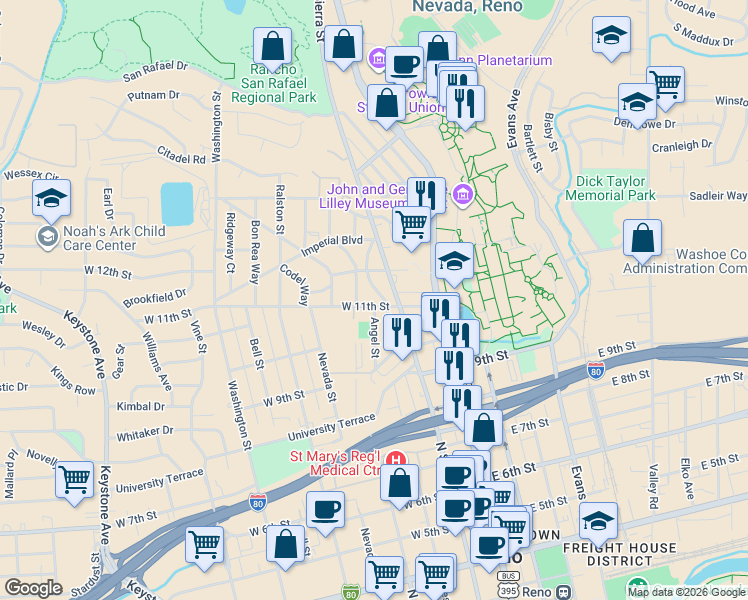 map of restaurants, bars, coffee shops, grocery stores, and more near 265 West 11th Street in Reno