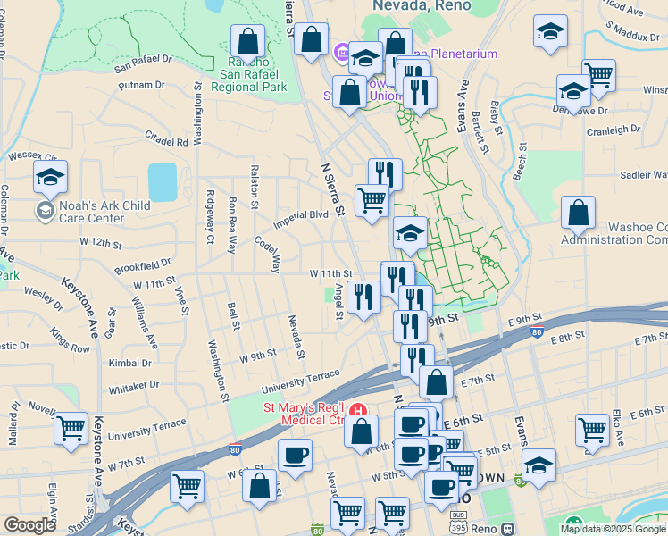 map of restaurants, bars, coffee shops, grocery stores, and more near 265 West 11th Street in Reno