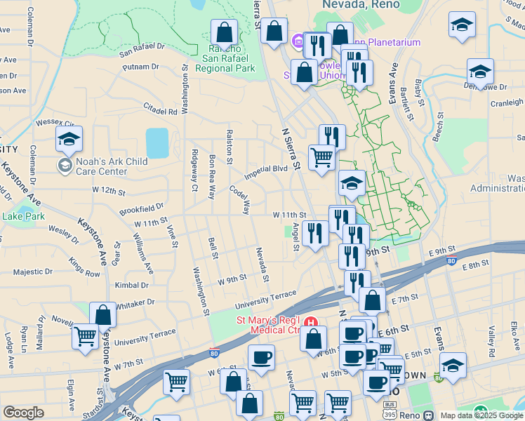 map of restaurants, bars, coffee shops, grocery stores, and more near 1101 The Strand in Reno