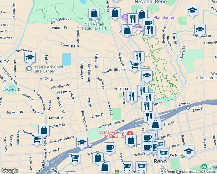 map of restaurants, bars, coffee shops, grocery stores, and more near 1101 The Strand in Reno
