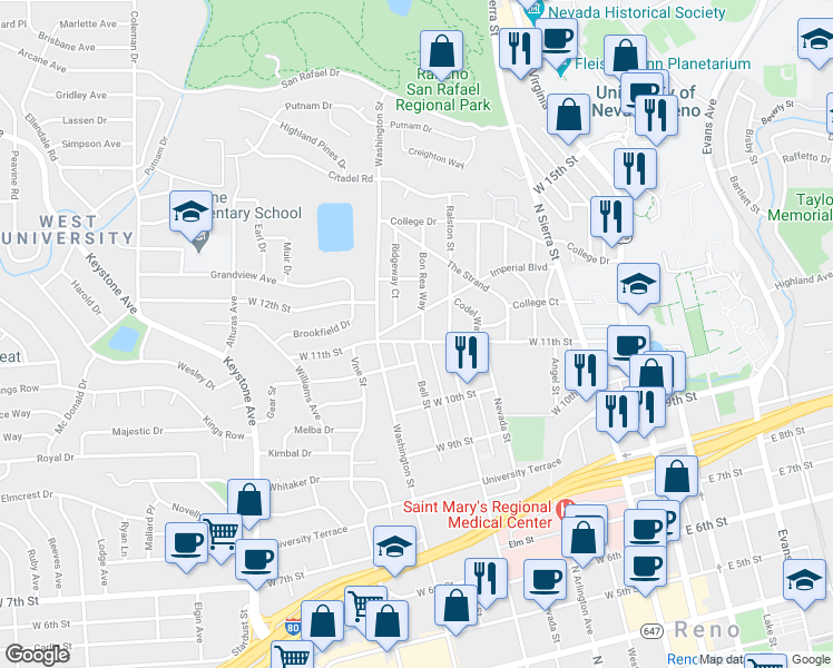 map of restaurants, bars, coffee shops, grocery stores, and more near 535 West 11th Street in Reno