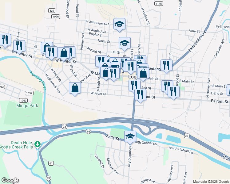 map of restaurants, bars, coffee shops, grocery stores, and more near 56 West Front Street in Logan