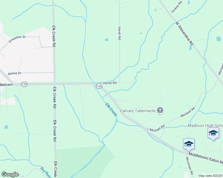 map of restaurants, bars, coffee shops, grocery stores, and more near 5975 Hursh Road in Middletown