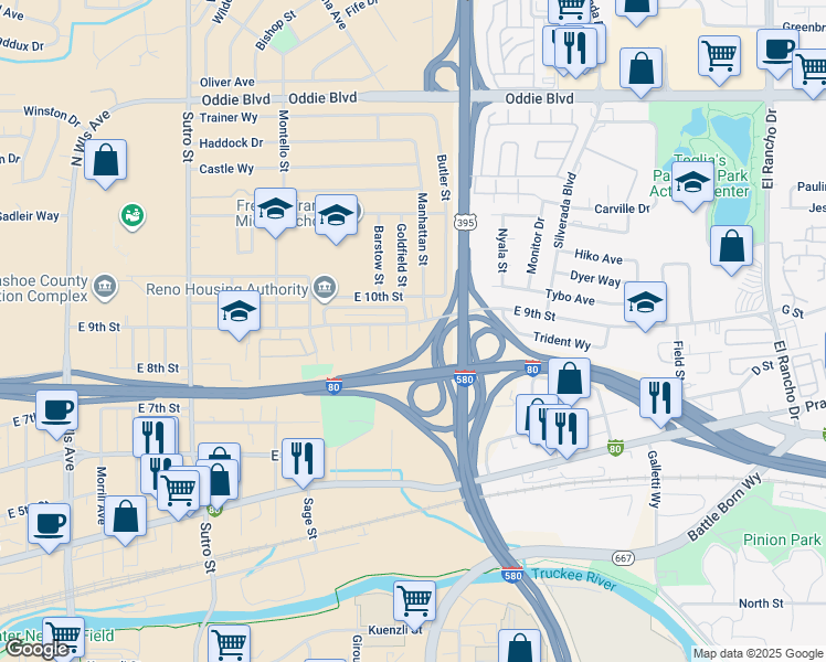 map of restaurants, bars, coffee shops, grocery stores, and more near 890 Fluorite Circle in Reno