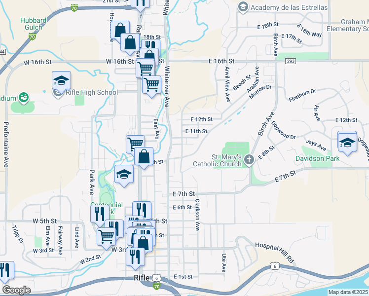 map of restaurants, bars, coffee shops, grocery stores, and more near 938 Munro Avenue in Rifle