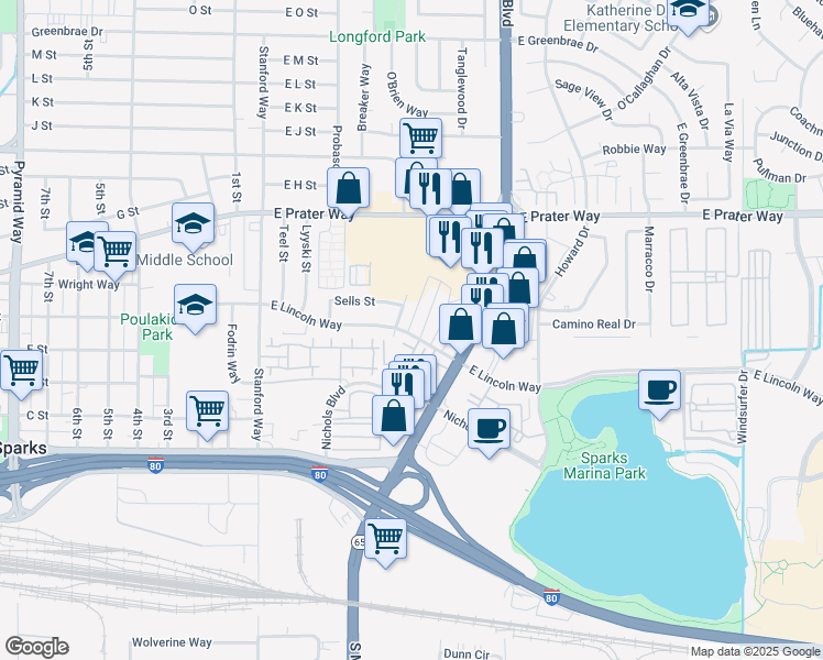 map of restaurants, bars, coffee shops, grocery stores, and more near 603 Alley No 1 in Sparks