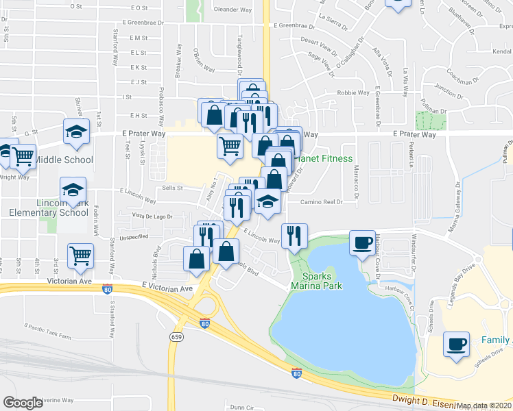map of restaurants, bars, coffee shops, grocery stores, and more near 470 North McCarran Boulevard in Sparks