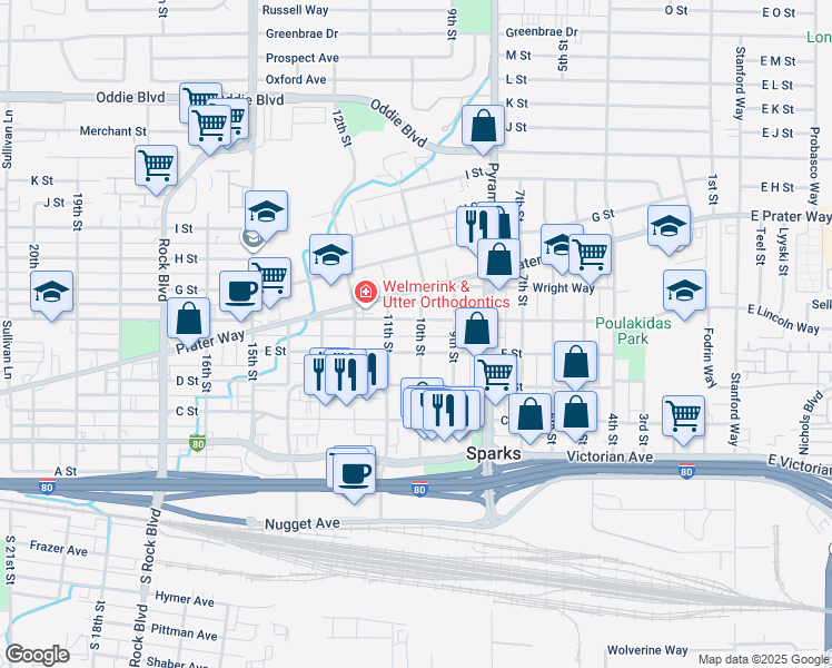 map of restaurants, bars, coffee shops, grocery stores, and more near 527 10th Street in Sparks