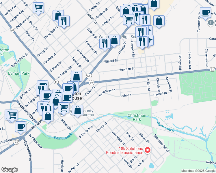 map of restaurants, bars, coffee shops, grocery stores, and more near 320 Hopkins Street in Washington Court House