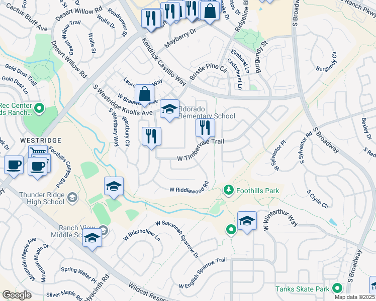 map of restaurants, bars, coffee shops, grocery stores, and more near 1172 Mulberry Lane in Highlands Ranch