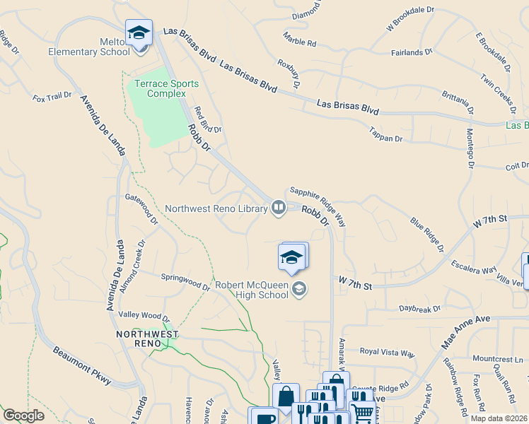 map of restaurants, bars, coffee shops, grocery stores, and more near 6374 Everest Drive in Reno