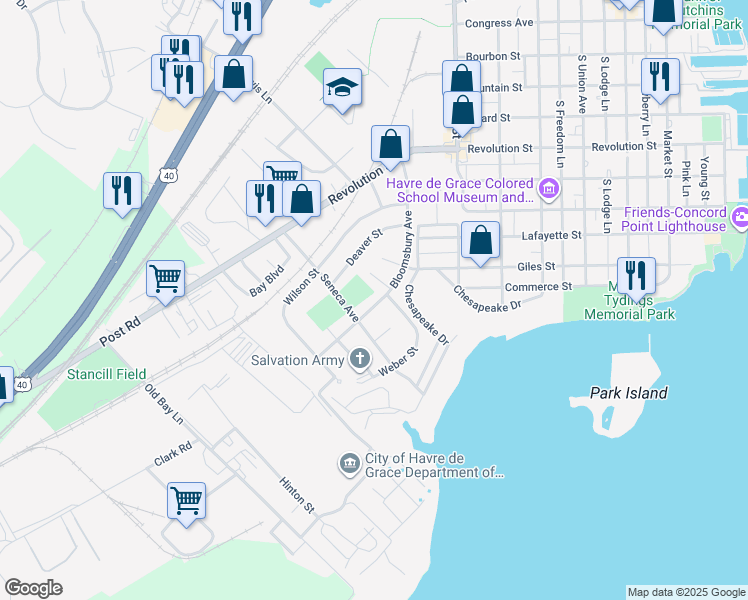 map of restaurants, bars, coffee shops, grocery stores, and more near 152 Bloomsbury Avenue in Havre de Grace