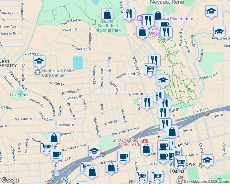 map of restaurants, bars, coffee shops, grocery stores, and more near 1113 Codel Way in Reno