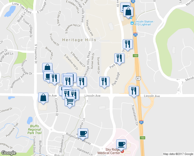 map of restaurants, bars, coffee shops, grocery stores, and more near 9745 Sunset Hill Cir in Lone Tree