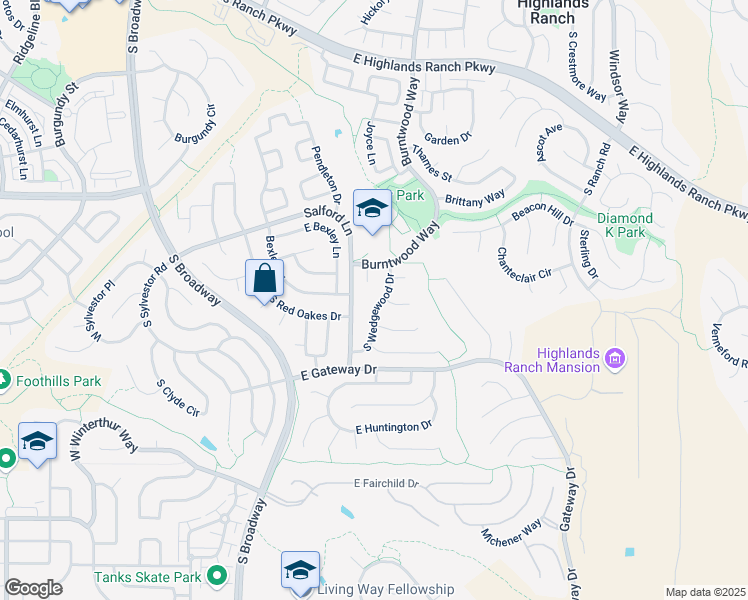 map of restaurants, bars, coffee shops, grocery stores, and more near 9775 South Wedgewood Drive in Littleton