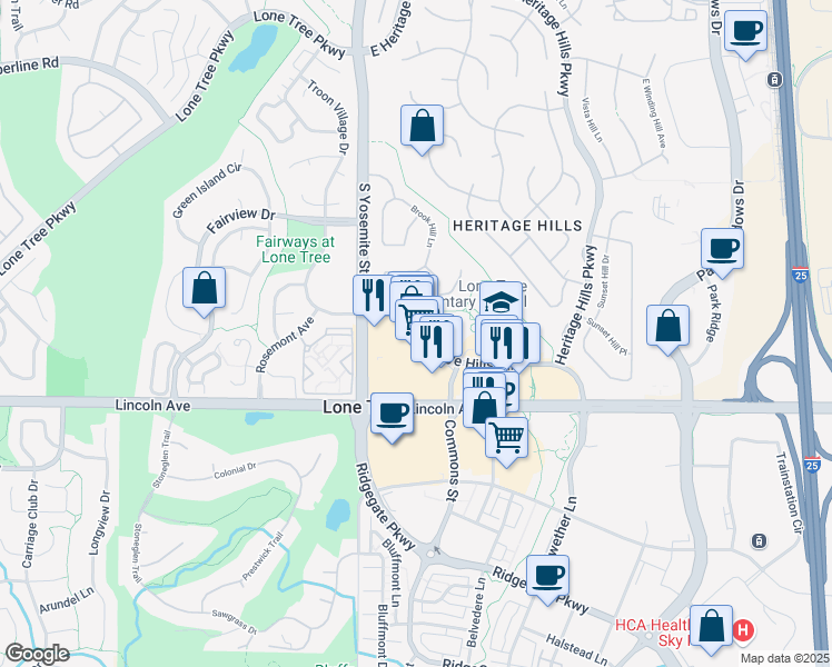 map of restaurants, bars, coffee shops, grocery stores, and more near 9227 Lincoln Avenue in Lone Tree