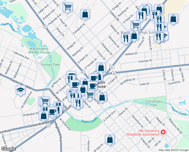map of restaurants, bars, coffee shops, grocery stores, and more near 325 East Market Street in Washington Court House